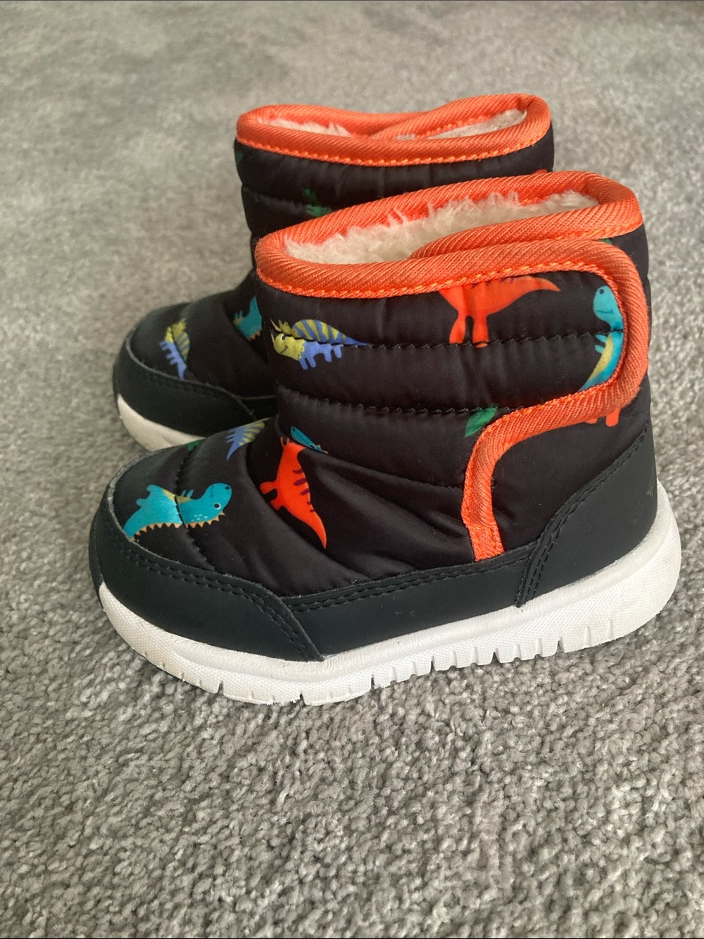 Kids Black Dino Winter Boots with Orange Trim